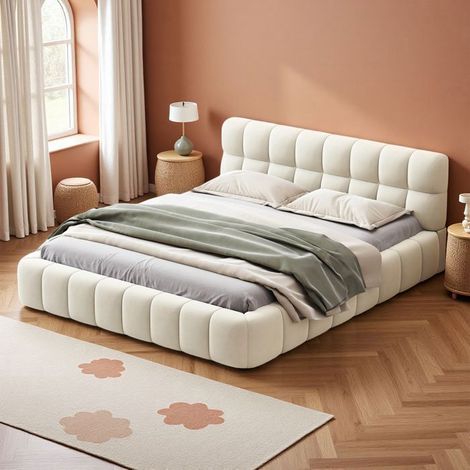 Letto 140x190 cm NEXU beige in lino - capitonné con rete a doghe e testiera imbottita