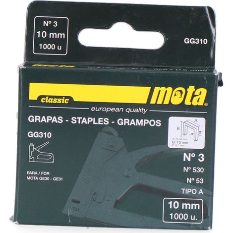 Agrafes MOTA n°3 10 mm 1000 unités. Épaisseur 0,7 mm GG310