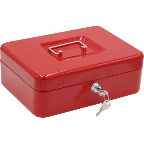 Boîte de débits avec clé, pour compter et transporter de l'argent, avec poignée en acier, avec plateau de rangement, rouge, 250 x 180 x 90 mm (1/2)