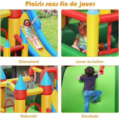 Château Gonflable pour Enfants avec Souffleur 450W Toboggan 60 Boules Colorées,Jeux de Fléchettes But de Football Sac Maison Chic