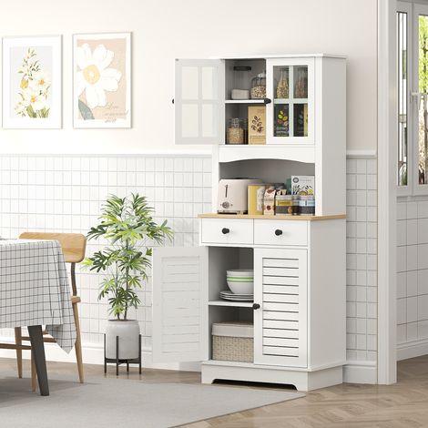 Meuble de cuisine avec portes vitrées, 2 tiroirs, vaisselier, meuble de salle à manger, bois, 68 x 39,5 x 170 cm, blanc (1/5)