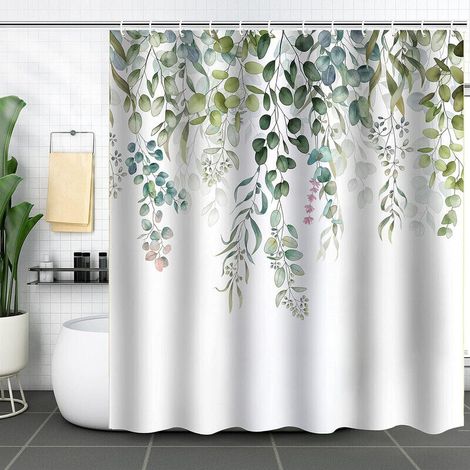 Rideau Douche Feuilles Vert, Rideau de Douche Eucalyptus Rideau Salle de Bain Anti Moisissure Imperméable Tissu Polyester Lavable Opaque Rideaux Douche avec Crochets pour Baignoire 180x180cm (1/5)