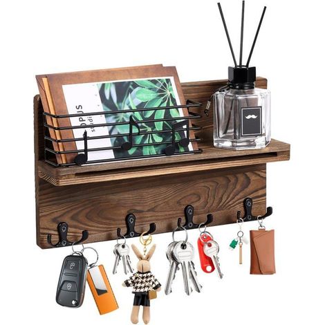 Porte-clés mural en bois, plaque porte-clés en bois avec 4 crochets doubles, boîte à clés vintage avec étagère, pour salon, salle de bain (1/5)