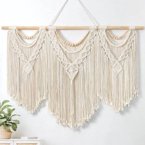 Makramee-Wandteppich groß Boho gewebter Wandteppich Blätter Quaste böhmischer Teppich Baumwollseil Makramee Wanddekoration für Schlafzimmer grun Holz (1/5)