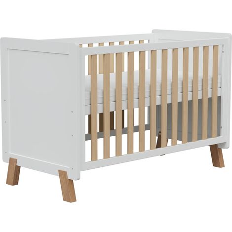 Lit pour bébé en bois 3-en-1, berceau, lit convertible avec barrière de dentition, base ajustable à 3 positions, garde-corps court et matelas inclus, pour bébés de 0 à 5 ans, conforme à la norme EN716 (1/5)