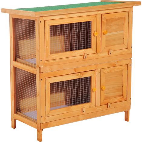 Pawhut – Clapier à lapin double niveau 90x45x90cm – 4 portes avec loquets – Toit ouvrant et plateaux coulissants – Bois de sapin verni