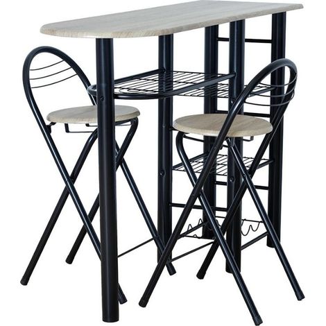 Miroytengo – Ensemble table haute et 2 tabourets pliants – Bois noir et clair – Dimensions 40x88x120 cm – Style industriel moderne