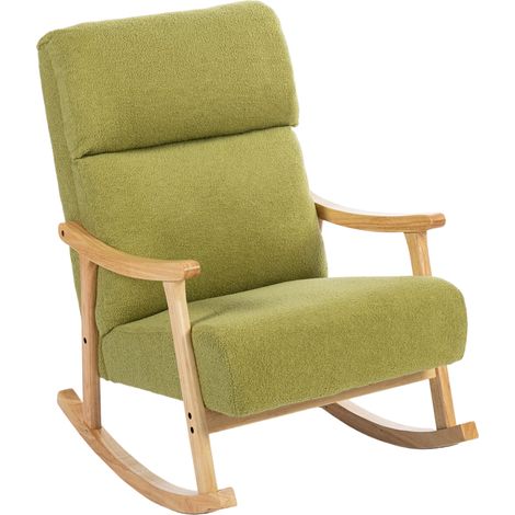 Fauteuil à bascule en peau de mouton avec pieds et accoudoirs en bois d'hévéa, capacité de charge de 120 kg, vert clair (1/5)