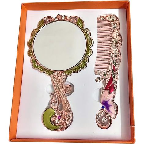 Miroir à Main Antique Peigne Rétro Gravé avec Motif De Papillon Miroir à main avec poignée ornée de strass scintillant Pour Chambre Salle De Bain Fête Coiffeuse Fille Femme (1/5)