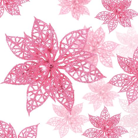 MINKUROW 20 Pezzi Natale Glitter Poinsettia, 15 Cm Albero Di Natale Ornamento Decorazione Di Fiori Di Natale Ornamento Per Ghirlanda Ghirlanda (Rosa) (1/4)