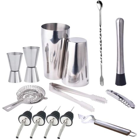 Ensemble de bar en acier inoxydable - 14 pièces, comprenant un shaker à cocktail, parfait pour les fêtes et les réunions, couleur argent. (1/4)