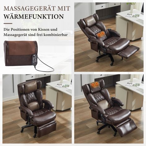 Fauteuil directionnel XXL massant chauffant, similicuir marron, repose-pieds intégré, assise pivotante 360°, dossier ajustable, charge max 150 kg, idéal télétravail et bureau