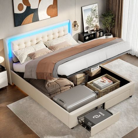 Lit coffre 140x190 cm - Lit double 140 x 190 avec 2 tiroirs - Headboard avec coussins doux et bandes LED - Sommier à lattes - Velours beige