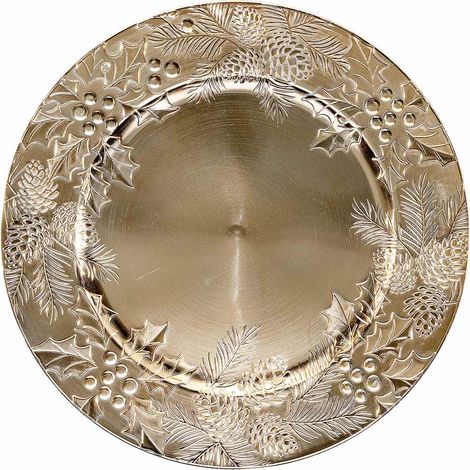 Assiettes de présentation de Noël en plastique rigide doré à houx en relief, lot de 8, diam. 33 cm