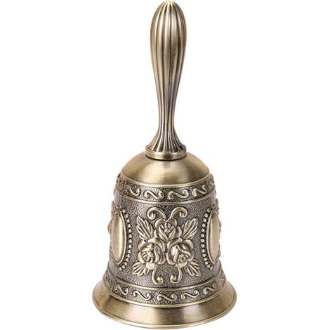 Cloche métallique décorative avec motif fleur, coloris bronze ancien, sonnette manuelle (1/5)