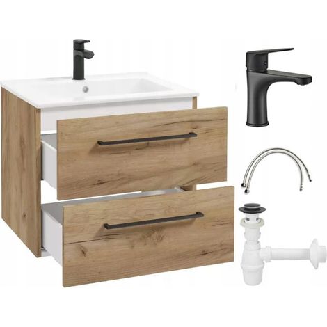 Badezimmerschrank mit einem 50 cm breiten, hängenden Waschbecken aus Eichenholz, inklusive Armatur und Pinia-Siphon