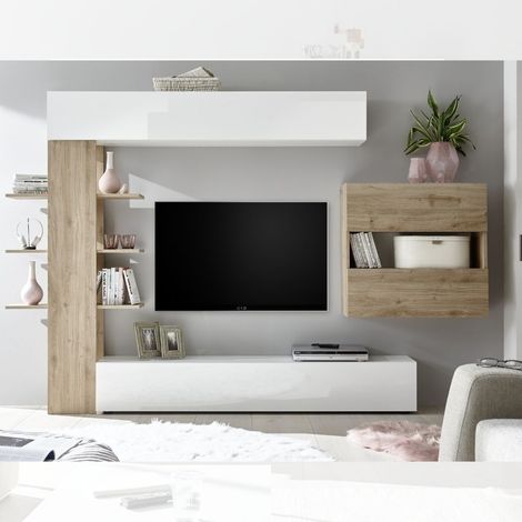 Mobile Porta Tv Parete Attrezzata Bianco Rovere Moderna Soggiorno Pensile Legno (1/4)