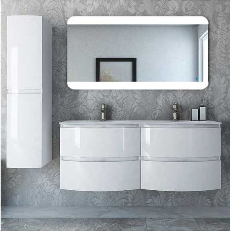Mobile Bagno Vague138 cm SospesoBianco Lucido Base 4 cassetti - Doppio Lavabo in Resina (1/5)