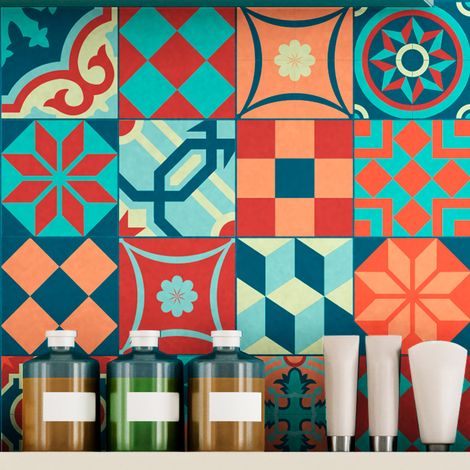 Sticker Mural Carrelage adhésif Cuisine Salle de Bain - 16 STICKERS CARRELAGES AZULEJOS STYLE VINTAGE COLORÉ - 16stickers10x10cm (1/5)