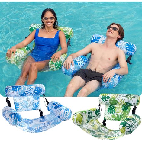 Lot de 2 chaises hamac réglables – Motif Feuilles Tropicales – Dossier et appui-tête ajustables – Coussins flottants intégrés – Pliage compact – Pour piscine, plage, camping, jardin, voyage (1/4)
