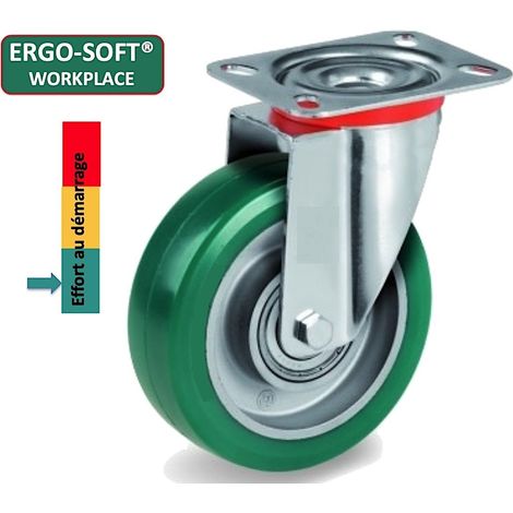 Roulette pivotante diamètre 100 mm polyuréthane vert ERGO-SOFT® - 200Kg (1/2)