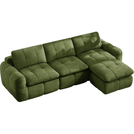 Divano modulare a L 3 posti con pouf in ciniglia verde 264x160x68 cm HOMVRA (1/5)