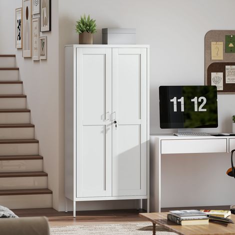Armoire de bureau en acier avec 3 étagères réglables, serrure et 2 clés. 80 x 40 x 175 cm. Blanche. (1/5)