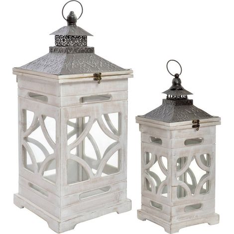 Lanterne décorative style arabe en bois et verre naturel - Blanc patiné bois naturel gris (1/3)