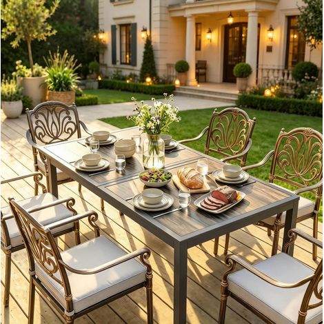 Table de jardin rectangulaire 140 x 80 cm, 4 à 6 personnes, effet bois, gris foncé DESVIAE (1/5)