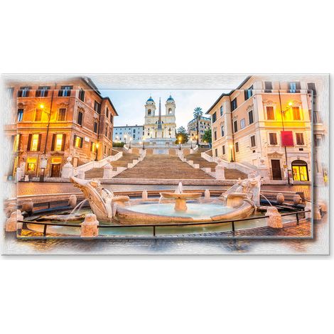 Lupia - Quadro moderno su Tela con Cornice stampata NEWEXT 75x135 cm, paesaggi localismi italiani, per casa soggiorno capezzale camera da letto hotel ufficio, ROMA PIAZZA DI SPAGNA (1/4)