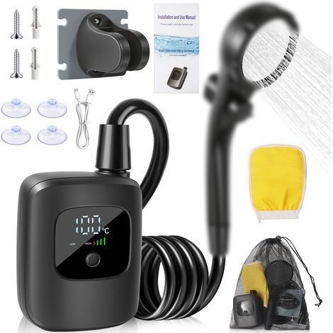 Camping-Duschset, tragbare Dusche, wiederaufladbare elektrische Duschpumpe, wasserdicht, mit Smart-Display und 4-Modus-Duschkopf (1/4)