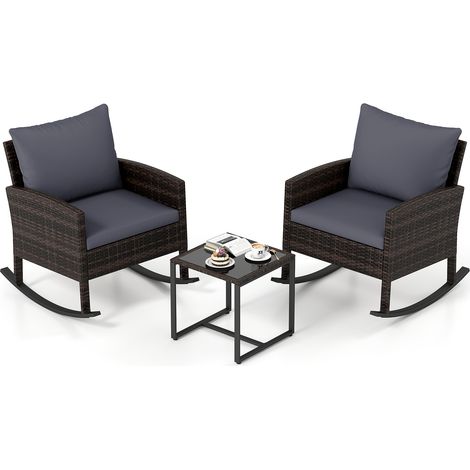 Salon de Jardin, Bistro de Jardin 3 Pièces, avec 2 Fauteuils à Bascule, Table Basse en Verre, Accoudoirs, Dossier et Coussins Déhoussables, Gris (1/5)