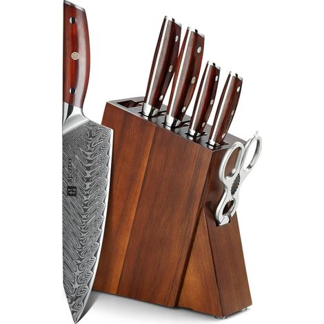 7 Pièces Acier Damas Ensemble de Couteaux de Cuisine avec Bloc en Bois, Couteau de Chef Santoku Pain Universel Paring, Ciseaux de Cuisine Multifonctionnel- Rosewood Poignée - Série (1/5)