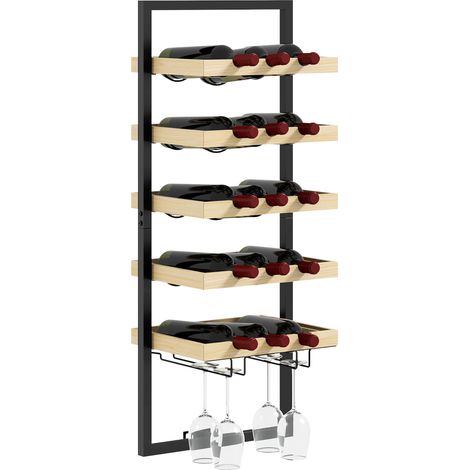 Portabottiglie da Parete in Legno e Acciaio per 15 Bottiglie di Vino e 4 Calici, 35x25x86cm (1/5)