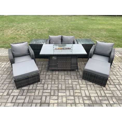 Fimous Patio Outdoor Rattan Gartenmöbel Set Propan Gas Feuer Grube Tisch Brenner mit Love Sitz Sofa 2 Big Foothocker 2 Beistelltische (1/5)
