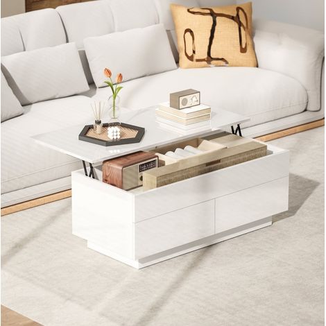 Tavolino elevabile 102 x 48 x 54,5 cm, vano nascosto e 2 cassetti, bianco lucido HAVRYA (1/5)