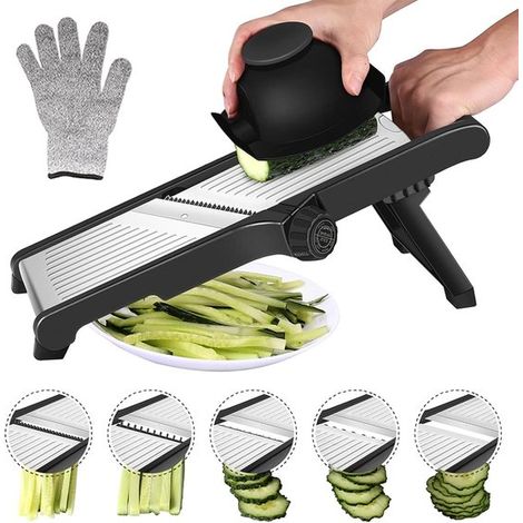 Affettatrice a mandolina per verdure, affettatrice regolabile in acciaio inox per fette spesse, affettatrice manuale per verdure con guanti protettivi (1/5)