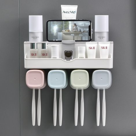 Organisateur de Salle de Bain Mural avec 4 Porte-Brosses à Dents, Distributeur de Dentifrice et Compartiment de Rangement, Sans Perçage