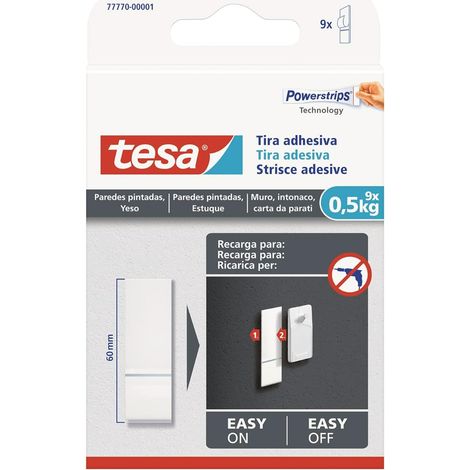 Tesa Tiras adhesivas doble cara para yeso y pared pintada Soporte carga 0,5 kg Paq 9 Unid Blanco