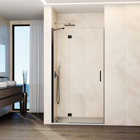 Paroi de douche frontale GLASS panneau fixe + porte pivotante avec fermeture au mur 70 cm profilé titane bras de maintien réglable (20+50) (1/5)