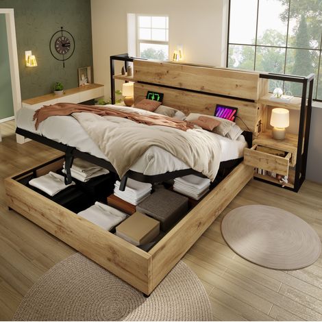 Bett Doppelbett 160x200 cm Industriestil, MDF und Metall, Eichefarben, mit Stauraum-Kopfteil und USB/Type-C-Ladestation, mit Matratze (1/5)