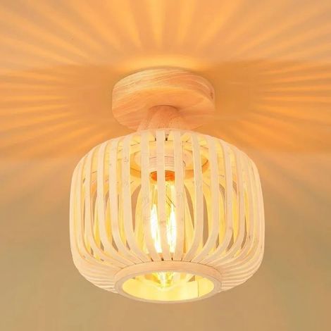 Rétro Plafonnier en Bois et Bambou Lustre Industriel E27 Luminaire Abat-Jour Design Cage pour Chambre Salon Entrée Couloir (1/5)