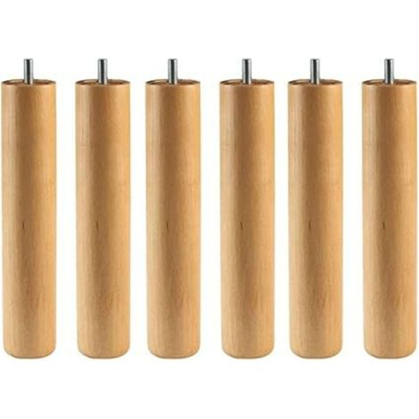 Juego de 6 Patas Cilindricas 25 cm para Somier o Base Tapizada con Rosca y Sistema Antiruido de Madera en Color Haya 25 cm