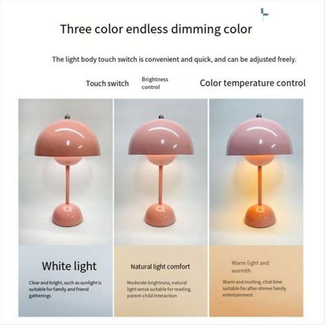 Lampe De Table - LED Rechargeable - Interrupteur Tactile Supérieur - Design Champignon - Métal - Rose - 1 Pièce (1/5)