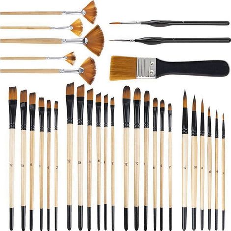 Brushes Peinture Acrylique - 32 Pièces Nylon + Bois - Rond Filbert Plat Ventail Angle Détail - Pour Peinture Artistique Huile Aquarelle Encre Gouache - Lot Complet (1/5)
