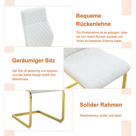 Table ronde 60 cm en MDF aspect bois, pied doré, avec 2 chaises de salle à manger blanches à motif losange et structure métal doré, ensemble salon. (1/5)