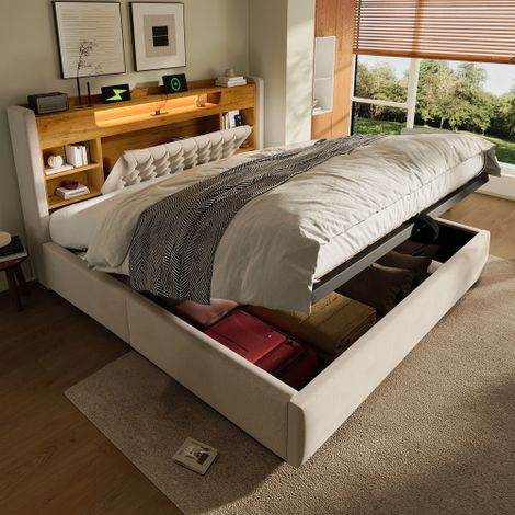 Modernluxe - Lit coffre rembourré 160x200cm - avec LED et USB/Type-C - tête de lit avec rangement - tissu de lin - Beige (sans matelas) (1/5)
