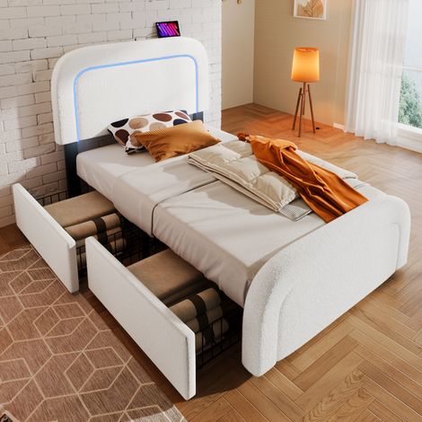 Cadre lit avec USB Type-C, LED et 2 tiroirs, lit simple capitonné 90x200, tête réglable, sommier bois, sherp blanc, matelas inclus, pour chambre enfant, gain de place (1/5)