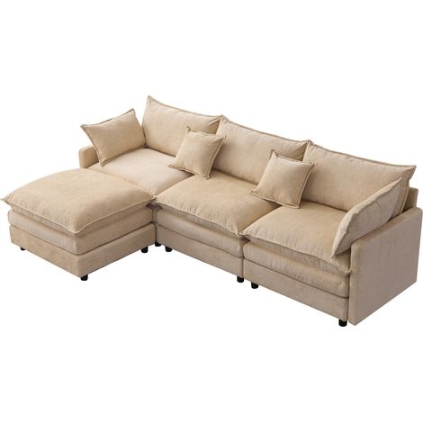 Divano angolare modulare in chenille, 3 posti con chaise longue e pouf, beige chiaro (1/5)