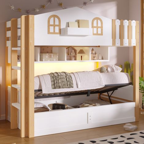Litera infantil 90x200 cm con diseño de casita, almacenaje hidráulico, LED, pino y MDF, blanco y natural (1/5)
